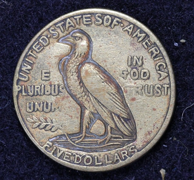 counterfeit $5 gold Indian coin reverse