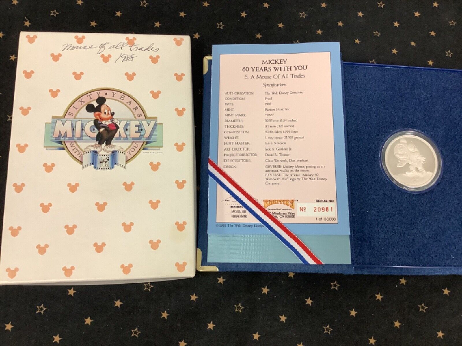 RARE 1988 Disney Mickey 60 years A MOUSE OF ALL TRADES .999 silver